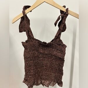 Doen Brown Smocked Tie-Shoulder Tank Top